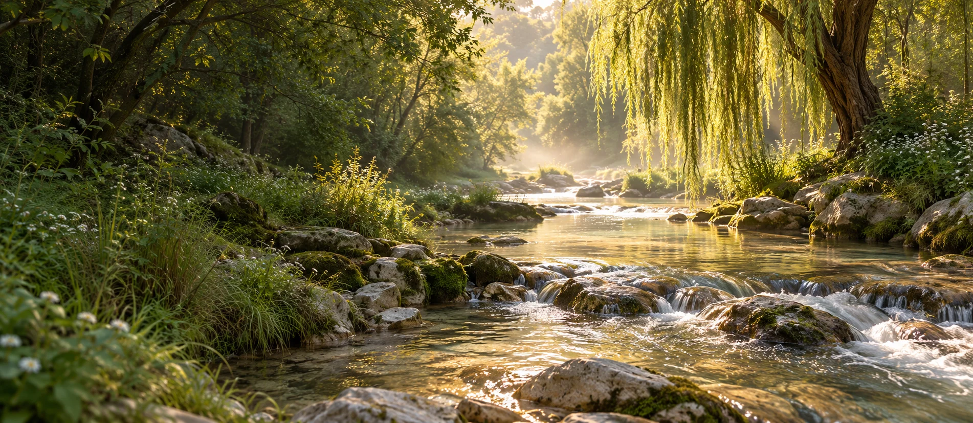 Morning sunlight falling on a gentle woodland creek